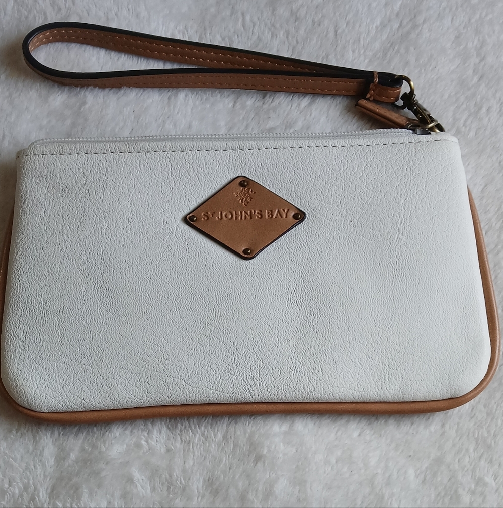 St. John's Bay White and Tan Leather-Trim Wristlet Clutch